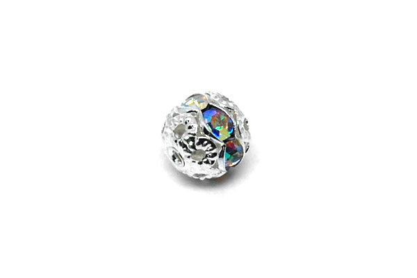 Silver-Plated Brass Round w/AB Color Rhinestone, 8mm