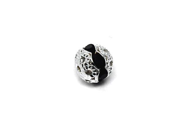 Silver-Plated Brass Round w/Black Rhinestone, 8mm