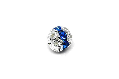 Silver-Plated Brass Round w/Blue Rhinestone, 8mm