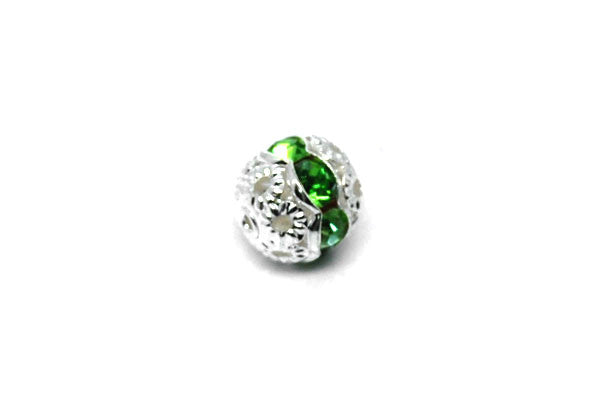 Silver-Plated Brass Round w/Green Rhinestone, 8mm