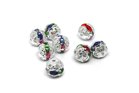 Silver-Plated Brass Round w/Multicolor Rhinestone, 8mm