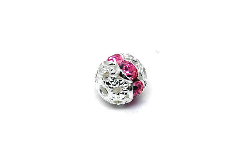 Silver-Plated Brass Round w/Pink Rhinestone, 8mm