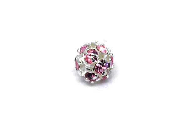 Silver-Plated Brass Round w/Pink Rhinestone, 8mm