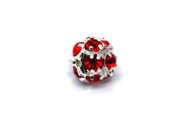 Silver-Plated Brass Round w/Red Rhinestone, 10mm