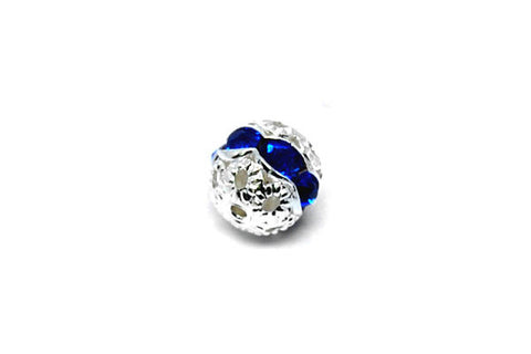 Silver-Plated Brass Round w/Sapphire Rhinestone, 8mm