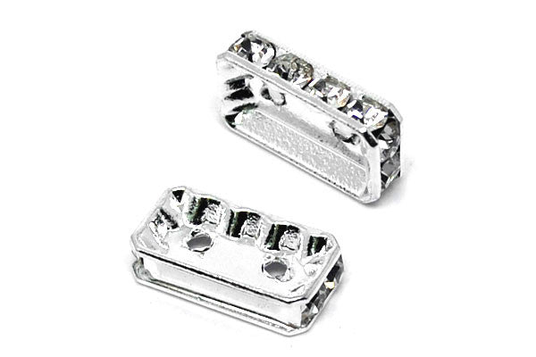 Silver-Plated Brass Spacer Rectangle 2 Hole w/Rhinestone, 8x15mm