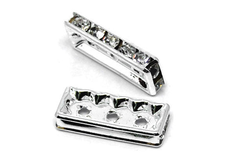 Silver-Plated Brass Spacer Rectangle 3 Hole w/Rhinestone, 8x19mm
