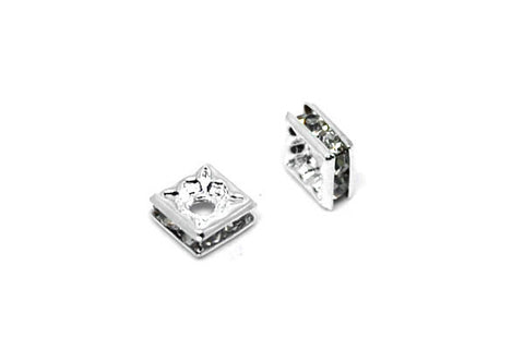 Silver-Plated Brass Spacer Square w/Rhinestone, 6mm
