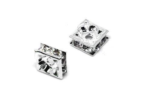 Silver-Plated Brass Spacer Square w/Rhinestone, 8mm