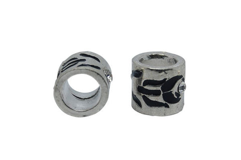 Metal Alloy Beads Tube w/Black Enamel & Clear Rhinestone (Silver), 10x10mm