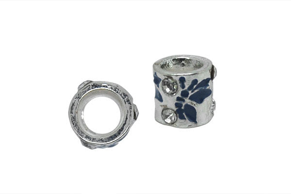 Metal Alloy Beads Tube w/Blue Enamel & Clear Rhinestone (Silver), 10x10mm