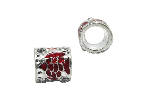 Metal Alloy Beads Tube w/Red Fish & Clear Rhinestone (Silver), 10x11mm