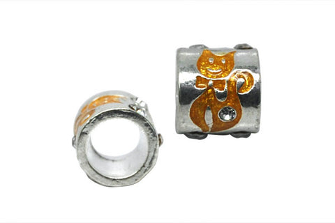Metal Alloy Beads Tube w/Yellow Cat & Clear Rhinestone (Silver), 10x11mm