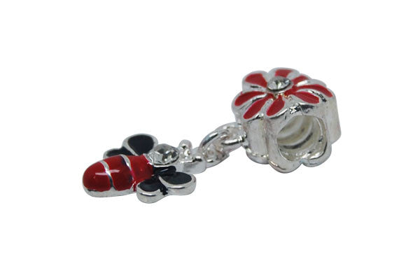 Silver-Plated Charm Link Bee w/Red and Black Enamel & Clear Rhinestone, 11x21mm