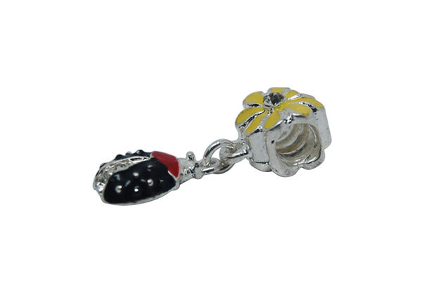 Silver-Plated Charm Link Ladybug w/Yellow and Black Enamel & Rhinestone, 8x25mm