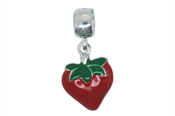Silver-Plated Charm Link Strawberry w/Red and Green Enamel, 14x29mm