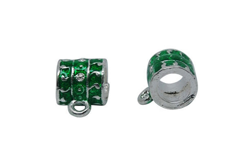 Silver-Plated Charm Link w/Dots & Green Enamel, 9x12mm