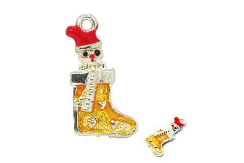 Silver-Plated Charm Christmas stocking w/Yellow & Red Enamel, 10x20mm