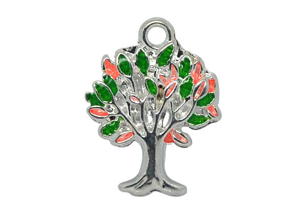Silver-Plated Charm Tree of Life w/Pink & Green Enamel, 17x21mm