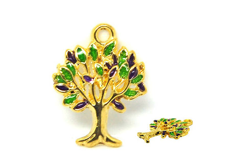 Gold-Plated Charm Tree of Life w/Purple & Green Enamel, 17x21mm