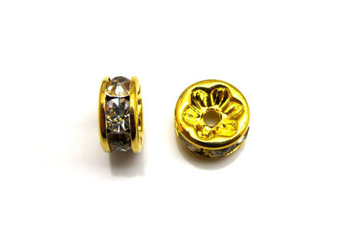 Gold-Plated Rondelle w/Crystal Rhinestones, White, 4x8mm