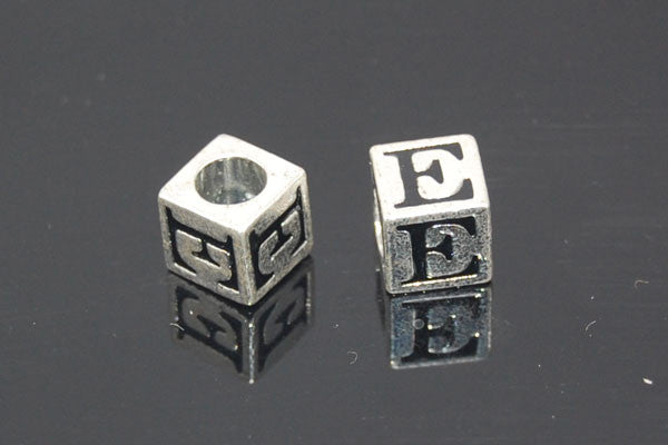 Metal Alloy Beads Square Letter (E) w/Black Enamel (Silver), 7x7mm