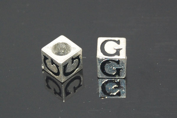 Metal Alloy Beads Square Letter (G) w/Black Enamel (Silver), 7x7mm