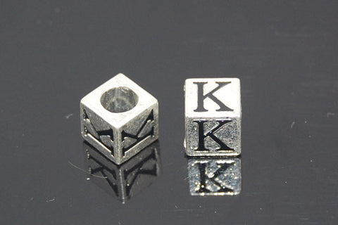 Metal Alloy Beads Square Letter (K) w/Black Enamel (Silver), 7x7mm