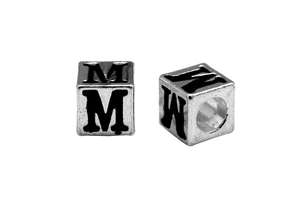 Metal Alloy Beads Square Letter (M) w/Black Enamel (Silver), 7x7mm