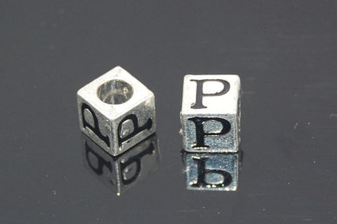 Metal Alloy Beads Square Letter (P) w/Black Enamel (Silver), 7x7mm