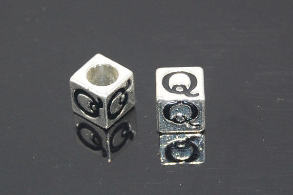 Metal Alloy Beads Square Letter (Q) w/Black Enamel (Silver), 7x7mm