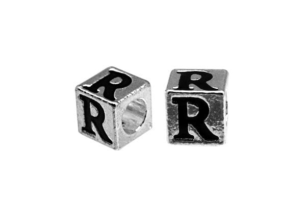 Metal Alloy Beads Square Letter (R) w/Black Enamel (Silver), 7x7mm