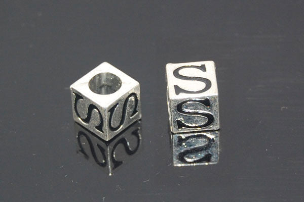 Metal Alloy Beads Square Letter (S) w/Black Enamel (Silver), 7x7mm