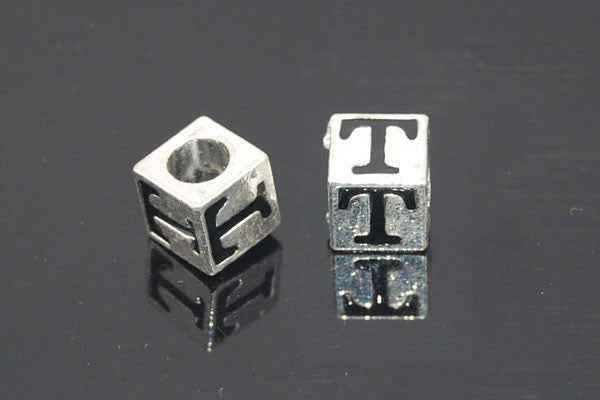 Metal Alloy Beads Square Letter (T) w/Black Enamel (Silver), 7x7mm
