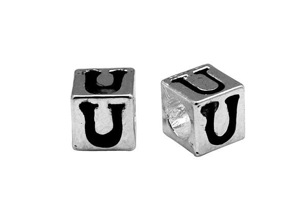 Metal Alloy Beads Square Letter (U) w/Black Enamel (Silver), 7x7mm