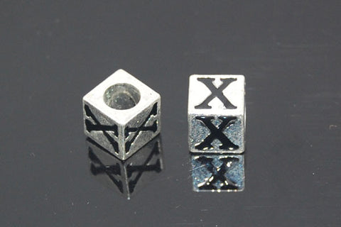 Metal Alloy Beads Square Letter (X) w/Black Enamel (Silver), 7x7mm