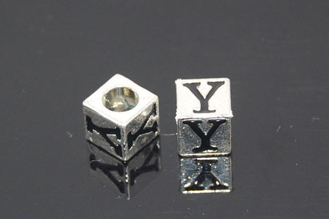 Metal Alloy Beads Square Letter (Y) w/Black Enamel (Silver), 7x7mm