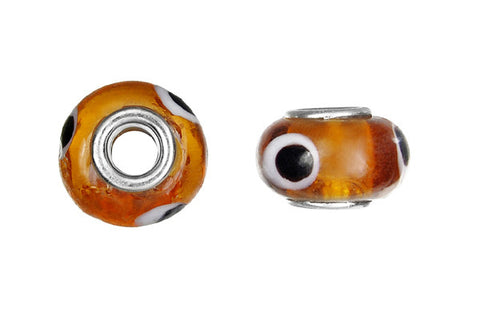 Lampwork Rondelle with Silver-Plated Core (Brown w/Black Dots), 10x15mm