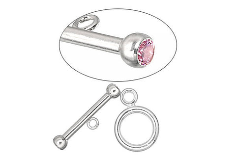Sterling Silver Toggle Clasp w/Pink CZ, 2.0x12.0mm