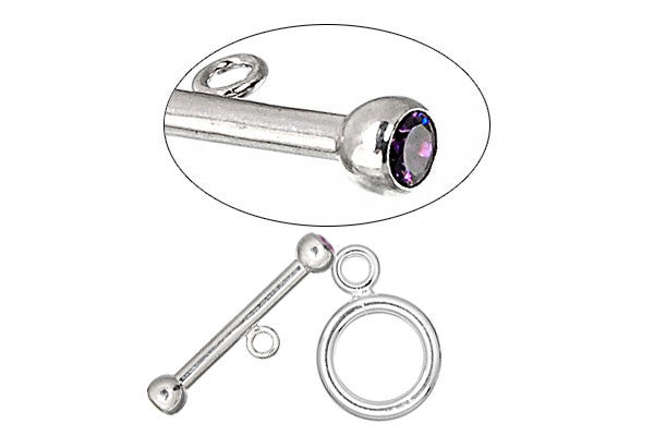 Sterling Silver Toggle Clasp w/Amethyst CZ, 2.0x12.0mm