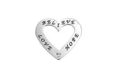 Sterling Silver Love-Believe-Hope Trio Affirmation Open Heart Charm, 20.0x22.0mm