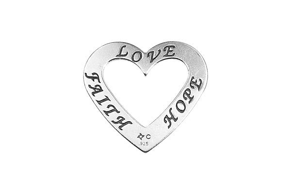 Sterling Silver Faith-Hope-Love Trio Affirmation Open Heart Charm, 20.0x22.0mm