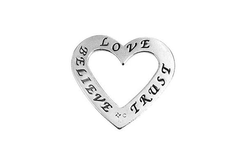 Sterling Silver Belive-Love-Trust Trio Affirmation Open Heart Charm, 20.0x22.0mm