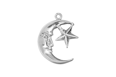 Sterling Silver Man-in-the-Moon with Star Charm, 14.0x14.0mm