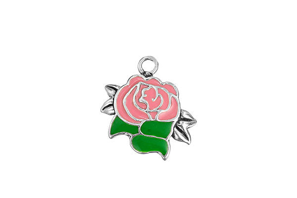 Sterling Silver Pink Rose Charm, 15.0x17.0mm
