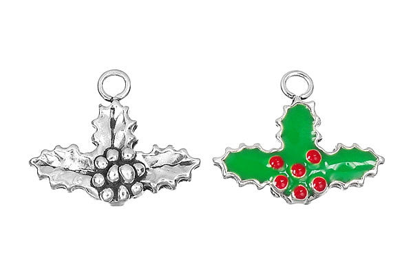 Sterling Silver Red & Green Holly Charm, 18.0x20.0mm