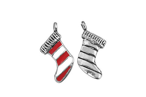 Sterling Silver Red & White Christmas Stocking Charm, 14.0x10.0mm