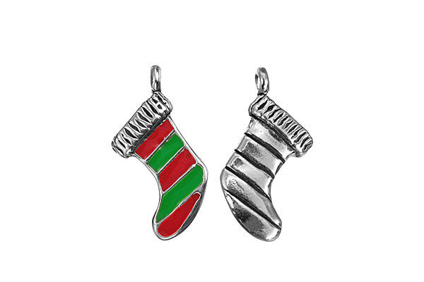 Sterling Silver Red & Green Christmas Stocking Charm, 14.0x10.0mm
