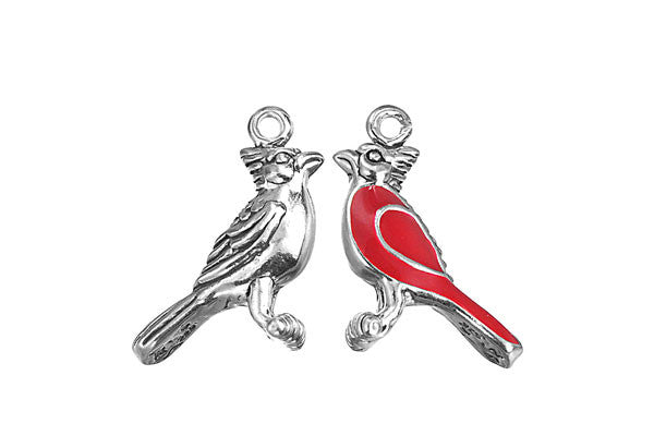 Sterling Silver Red Cardinal Charm, 16.0x18.0mm