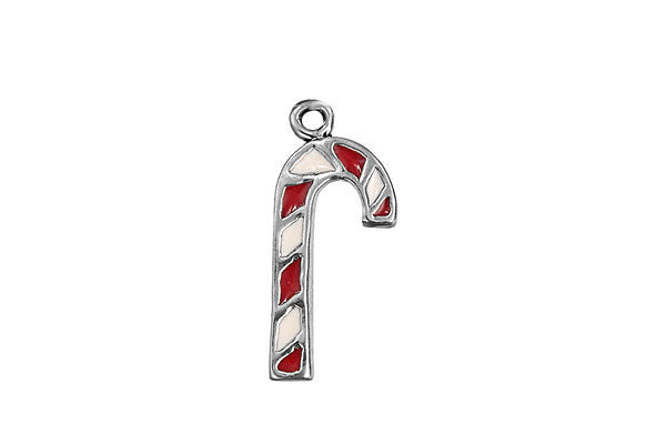 Sterling Silver Red & White Candy Cane Charm, 22.0x10.0mm